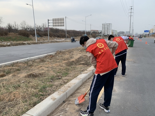 3志愿者仔细清理路面垃圾